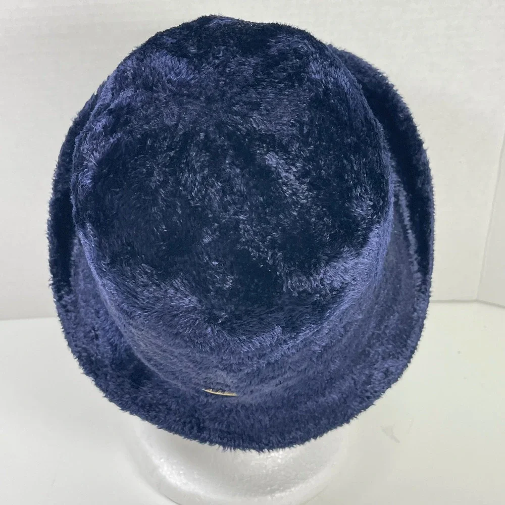 Vintage Liz Claiborne Faux Fur Chenille Bucket Hat Navy Blue Plush Fuzzy Retro